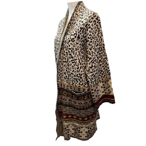 Max Sport Long Leopard Fair Isle Cozy Festival Open‎ Front Cardigan Sweater L - Picture 4 of 9